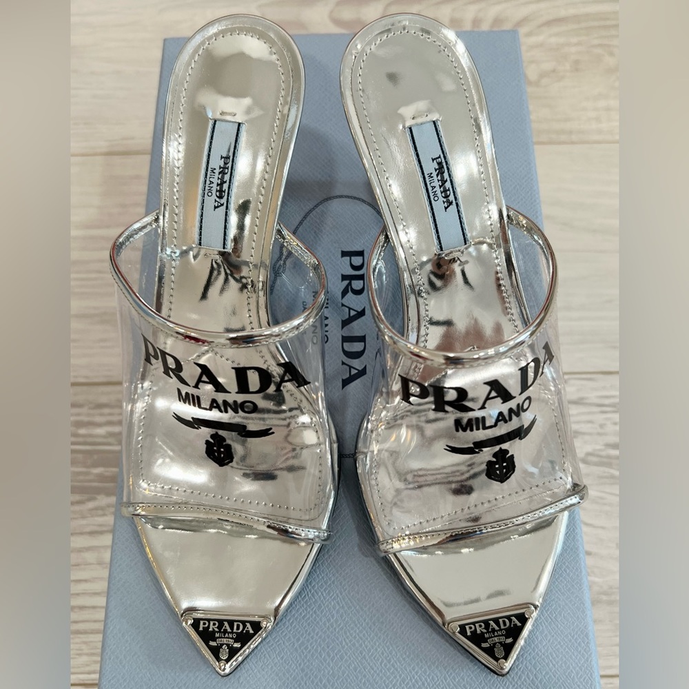 PRADA Logo-print Plexiglas high-heel slides EU:35.5 - Picture 5 of 12